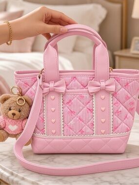 Pink 2-in-1 Mini Cord Tote Bag with Teddy Bear Charm 🎀🧸